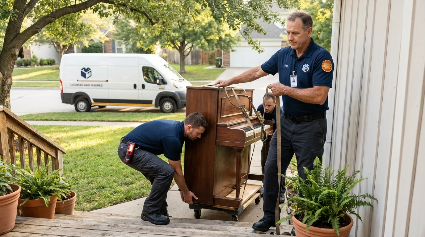 Licensed piano movers securing grand piano in Gretna, LA
