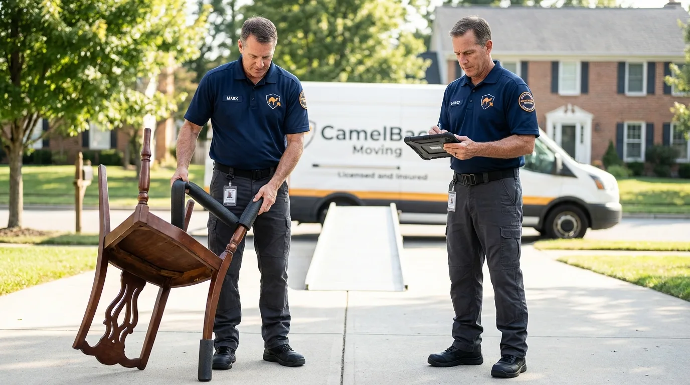 Movers inspecting furniture for damage prevention before loading in Gretna, LA