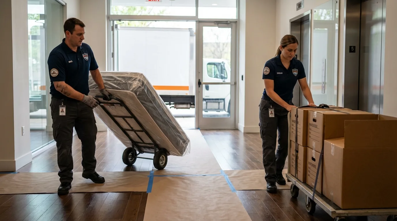 Professional apartment movers loading elevator in Gretna, LA